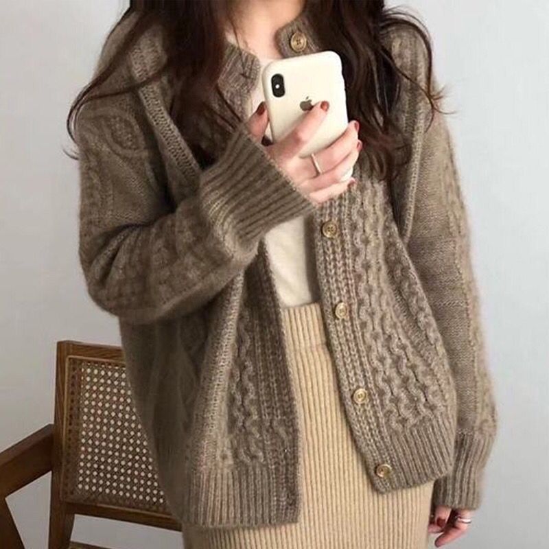 Women's Cozy Cable Knit Cardigan in Mohair Look with Ribbed Hem and Decorative Buttons Chichicherry