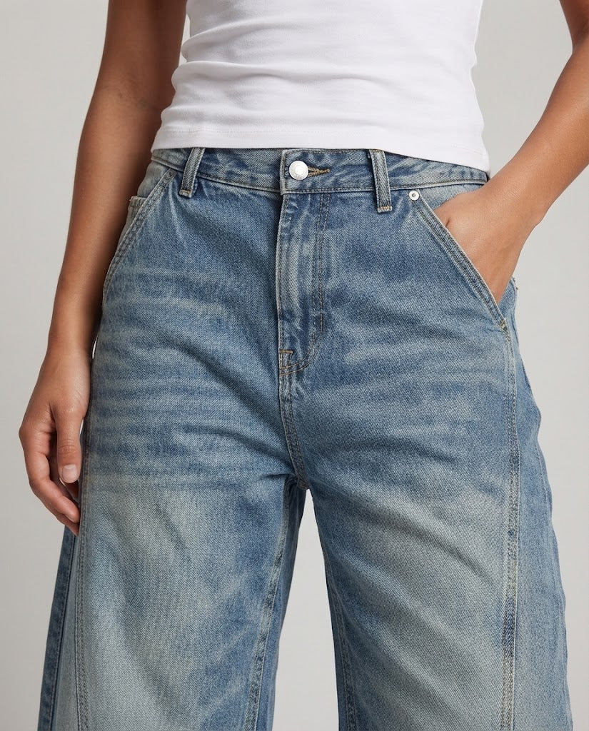 Ladies Extra Wide Palazzo Denim Pants with Wedge-Shaped Knee Panels and Floor-Length Hem Chichicherry