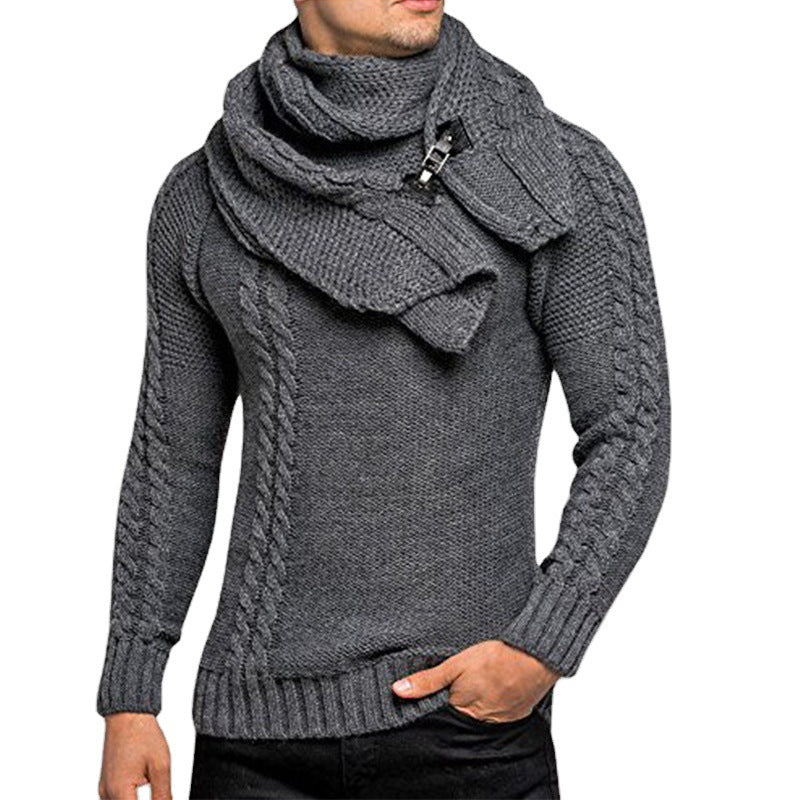 Men's chunky knit sweater with integrated wrap collar and buckle scarf Chichicherry