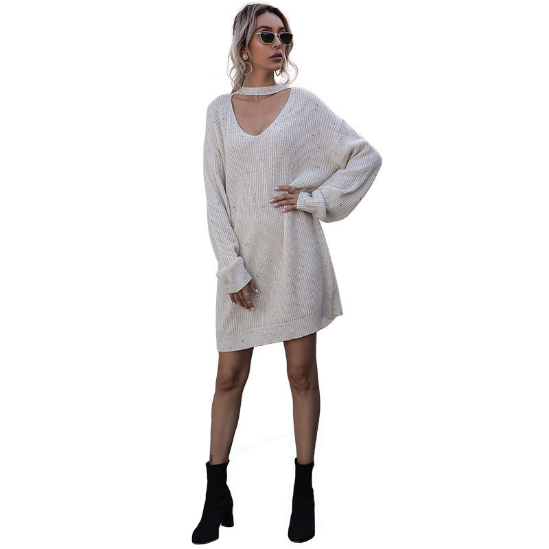 Women's Knitted Mini Knit Dress with V-Neck, Choker Detail, and Balloon Sleeves Chichicherry