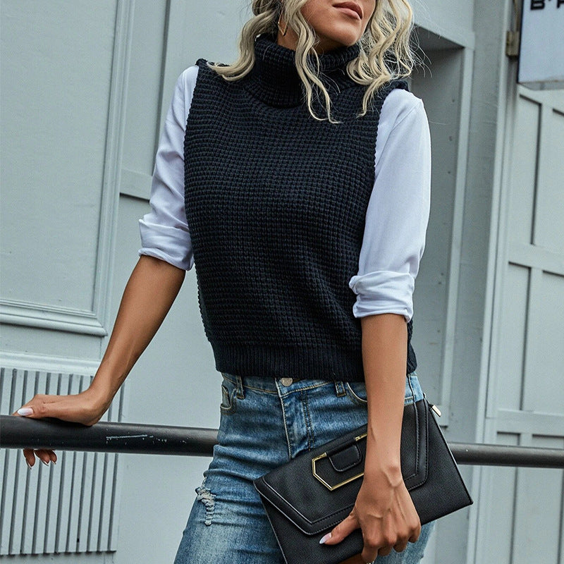 Women Sleeveless Turtleneck Knit Vest with Structured Waffle Look Chichicherry