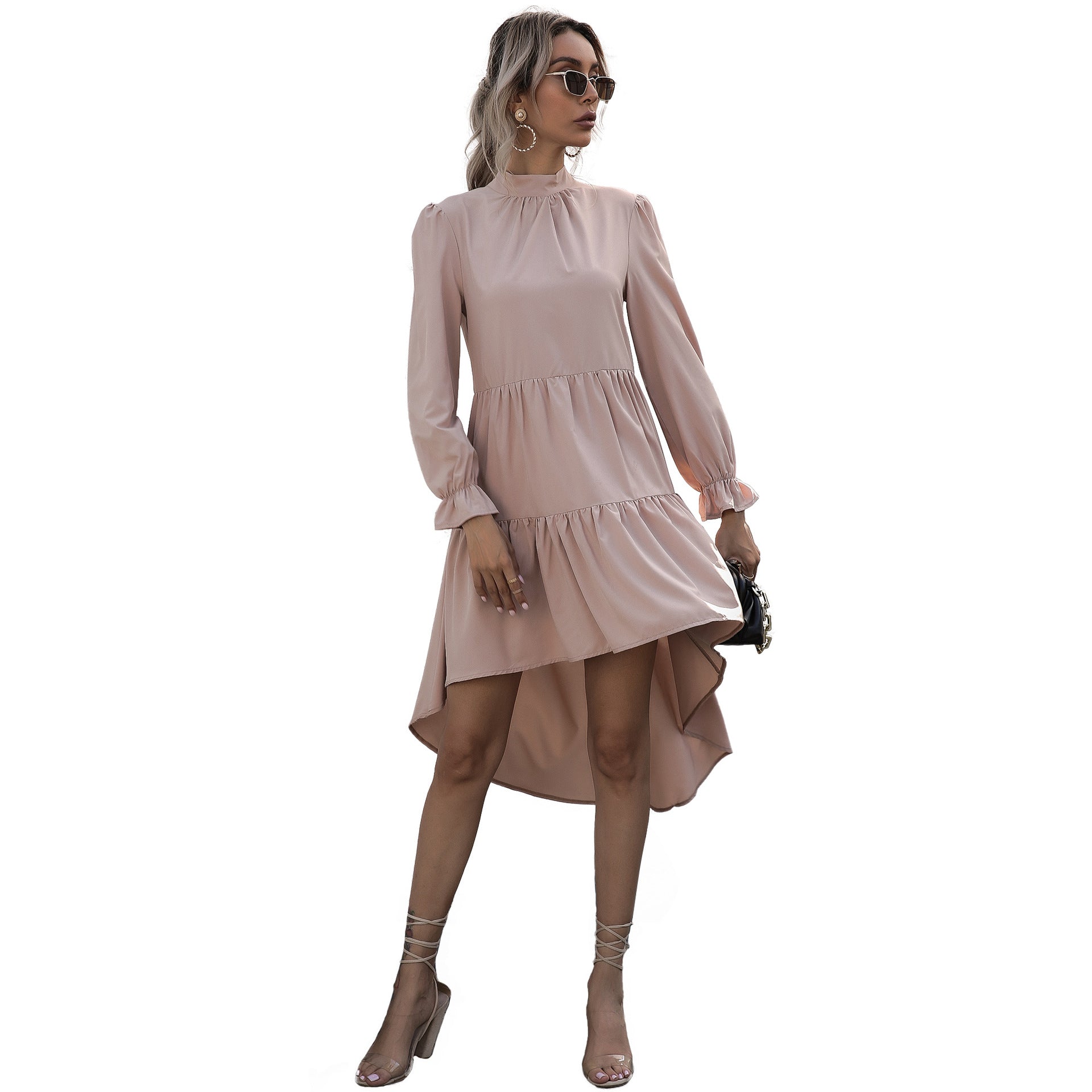 Ladies' asymmetrical tiered dress with standing collar and gathered waist Chichicherry
