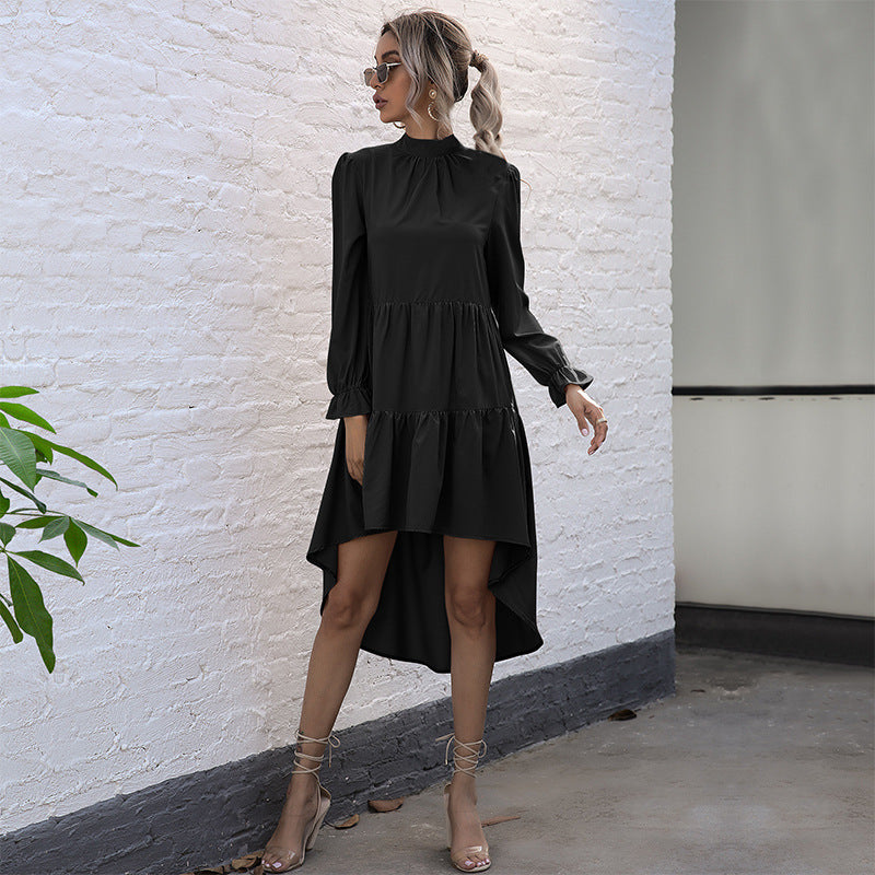 Ladies' asymmetrical tiered dress with standing collar and gathered waist Chichicherry