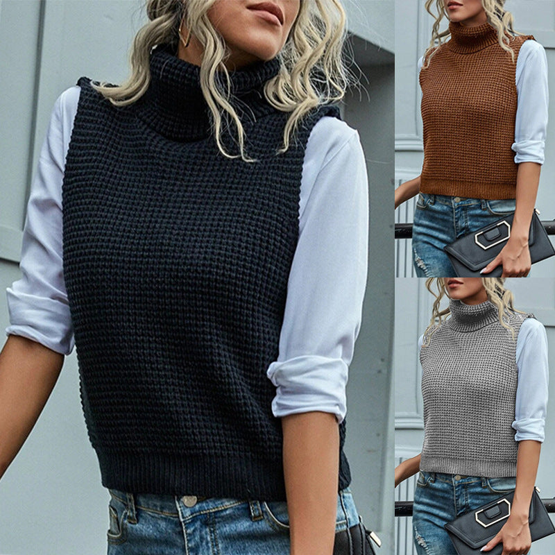 Women Sleeveless Turtleneck Knit Vest with Structured Waffle Look Chichicherry