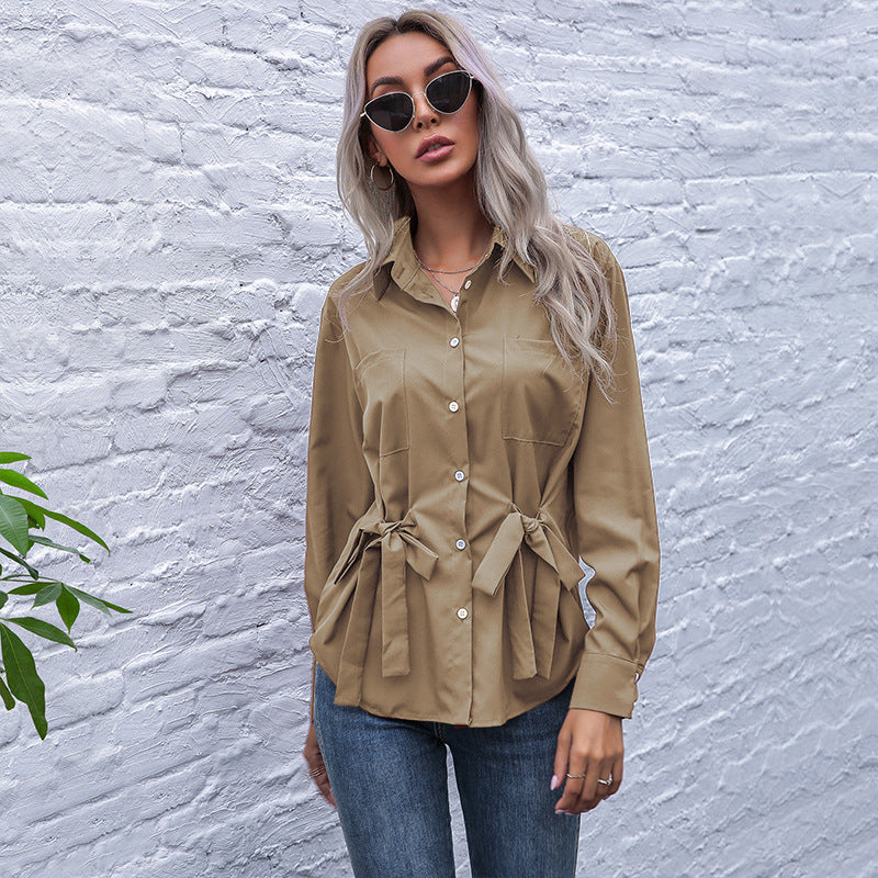 Women's Tailored Shirt Blouse with Tie Belt and Chest Pockets Chichicherry