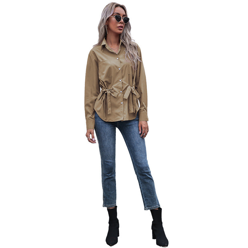 Women's Tailored Shirt Blouse with Tie Belt and Chest Pockets Chichicherry