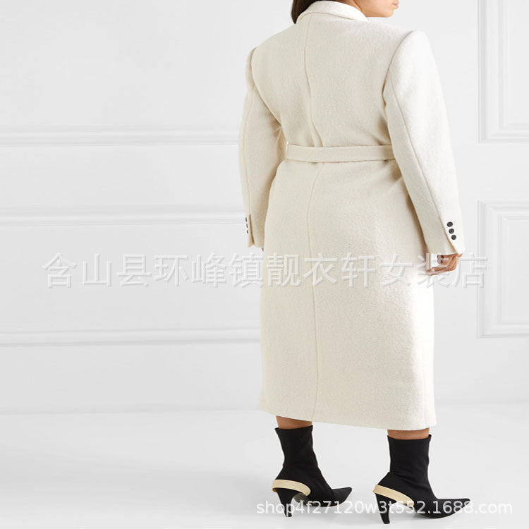 Women Tailored Midi-Length Coat with Wrap Belt and Shawl Collar Chichicherry