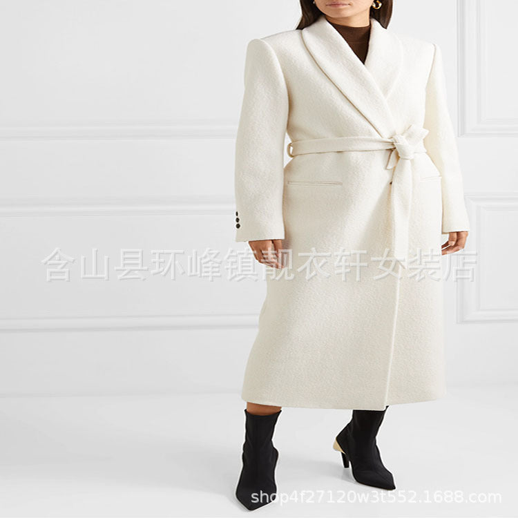 Women Tailored Midi-Length Coat with Wrap Belt and Shawl Collar Chichicherry