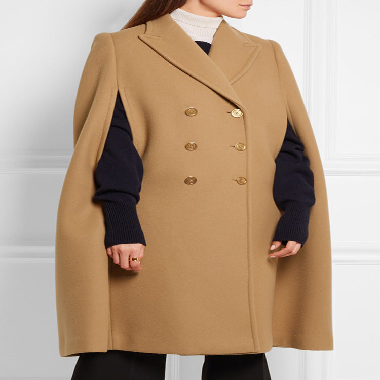 Women's tailored wool blend cape coat with concealed arm openings and double-breasted tailoring Chichicherry