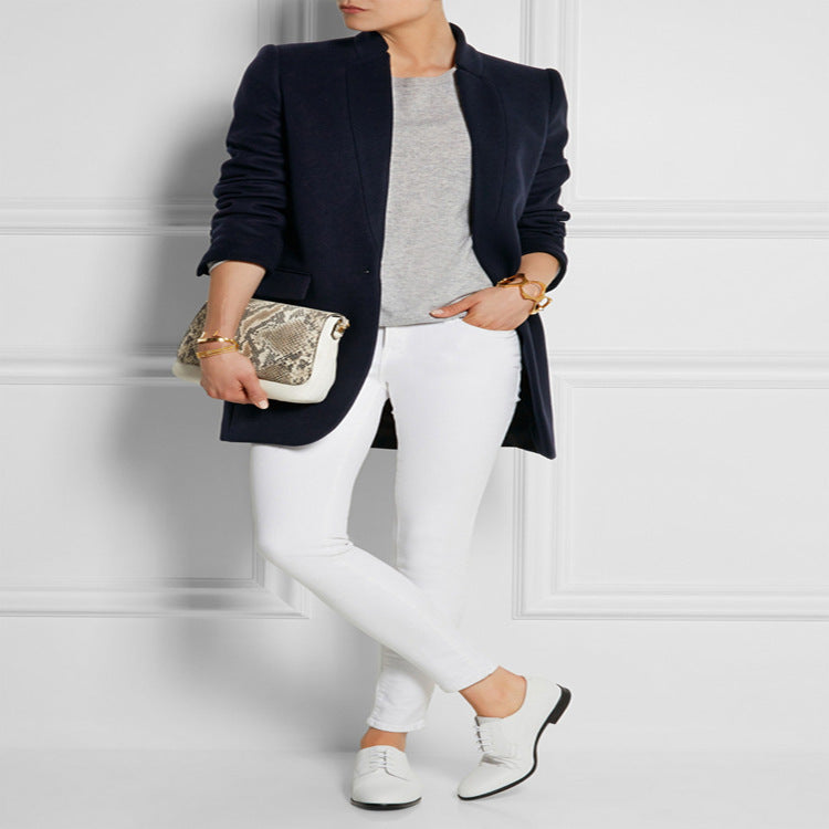 Women's mid-length structured long blazer coat with narrow stand-up collar and flap pockets Chichicherry