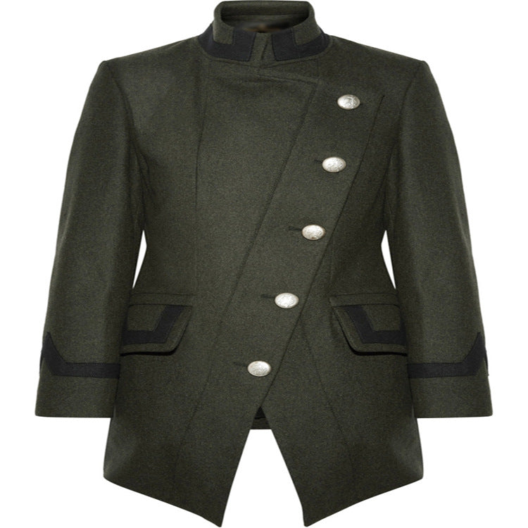 Women Tailored Military Coat in A-Line Cut with Asymmetric Button Placket Chichicherry