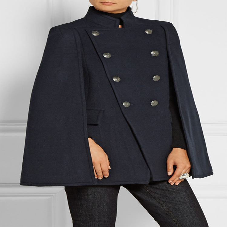 Women's Short Cape Coat in Military Style with Double Breasted and Stand Collar Chichicherry