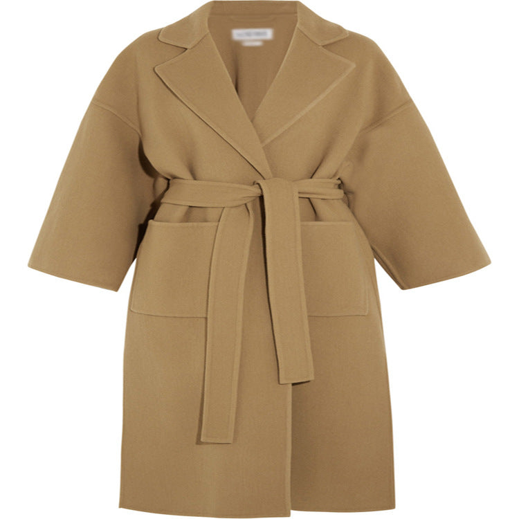 Women's Tailored Wool Blend Wrap Coat with Kimono-Style Sleeves and Tie Belt Chichicherry