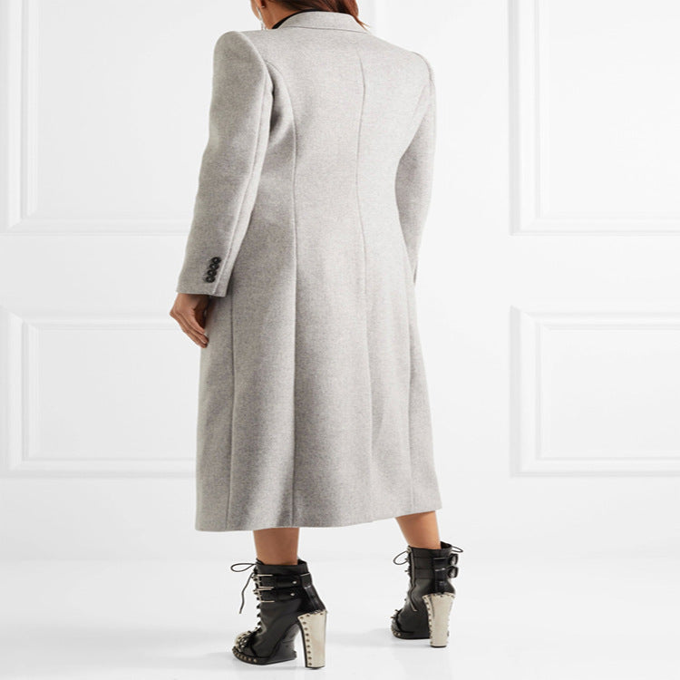 Women's Double-Breasted Tailored Wool Blend Long Coat in Slim Tailoring Style Chichicherry