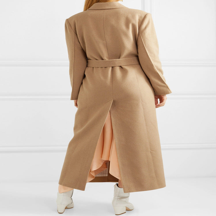 Women's Floor-Length Single-Breasted Wool Blend Coat with Side Slit and Minimalist Tailoring Look Chichicherry