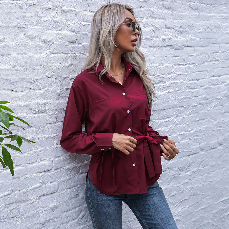 Women's Tailored Shirt Blouse with Tie Belt and Chest Pockets Chichicherry
