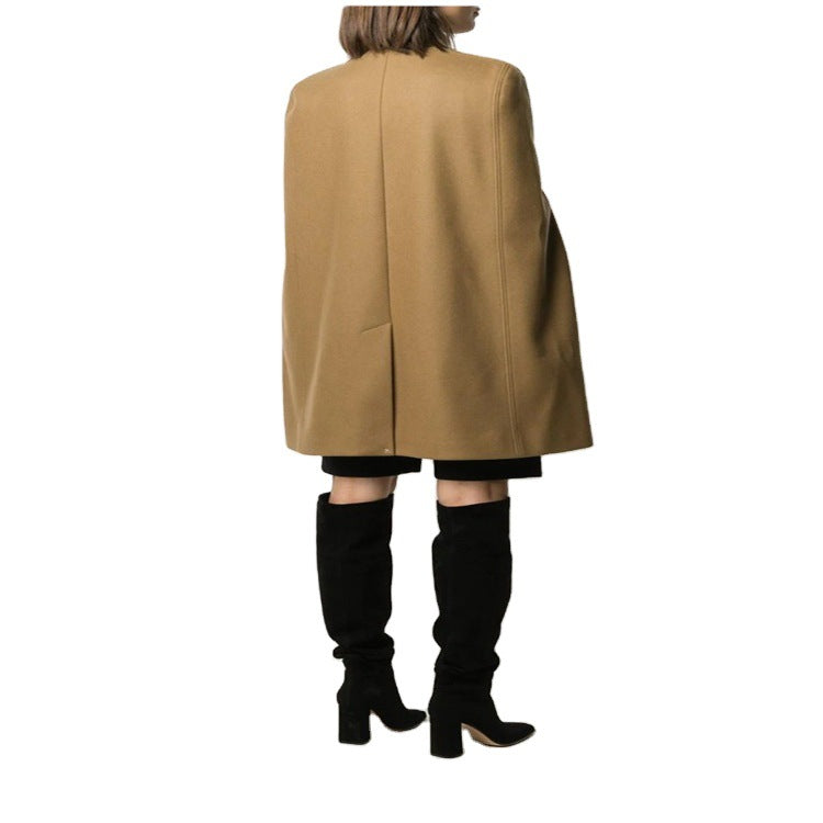 Women's Wool Blend Cape with Stand Collar, Concealed Arm Openings and Minimalist Tailoring Chichicherry
