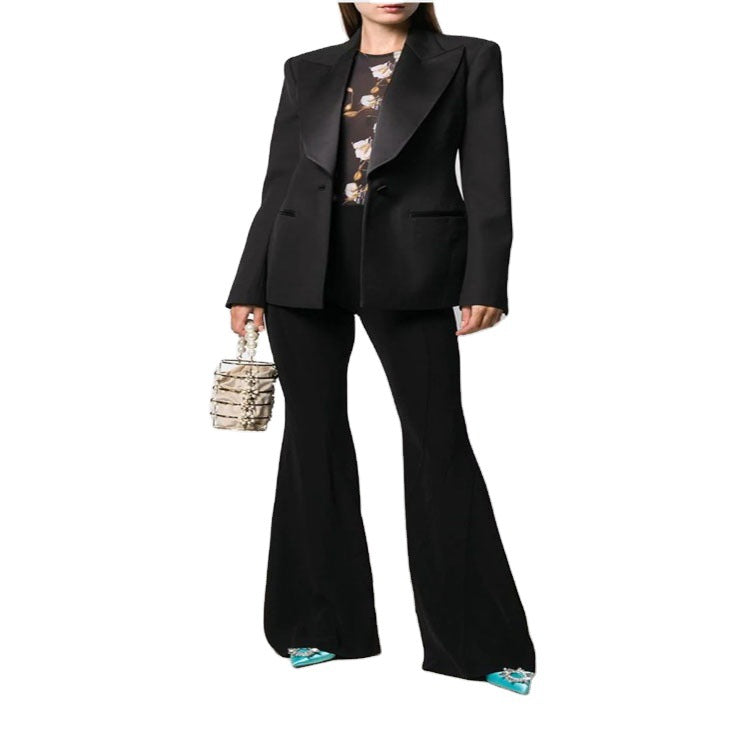 Women Tailored Tuxedo Blazer Jacket with Satin Shawl Collar and Precise Tailoring Chichicherry