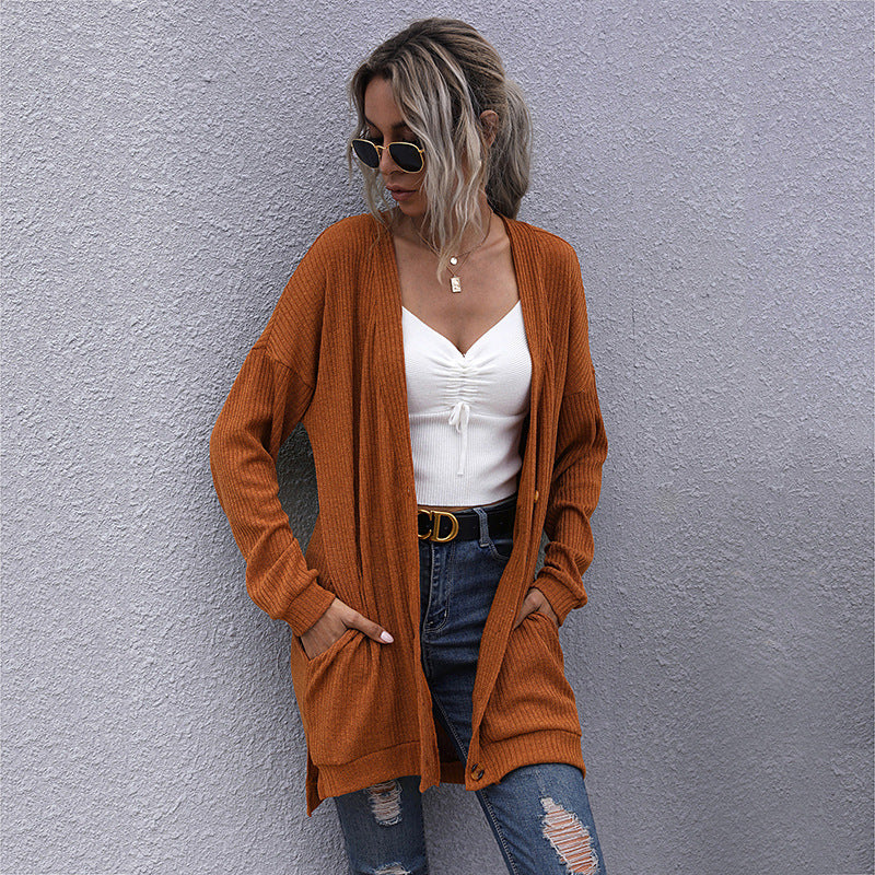 Women Long Oversize Knit Cardigan with Structure Knit, Open Pockets and Casual Cut Chichicherry
