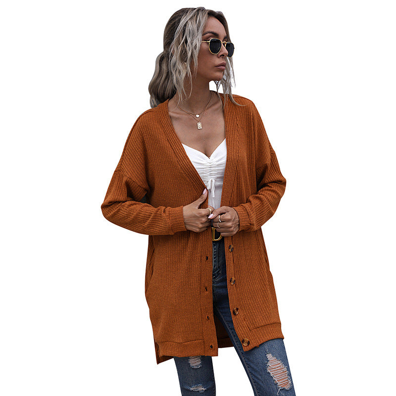 Women Long Oversize Knit Cardigan with Structure Knit, Open Pockets and Casual Cut Chichicherry