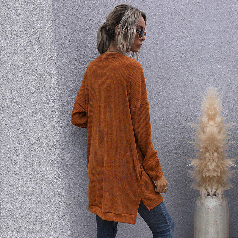 Women Long Oversize Knit Cardigan with Structure Knit, Open Pockets and Casual Cut Chichicherry