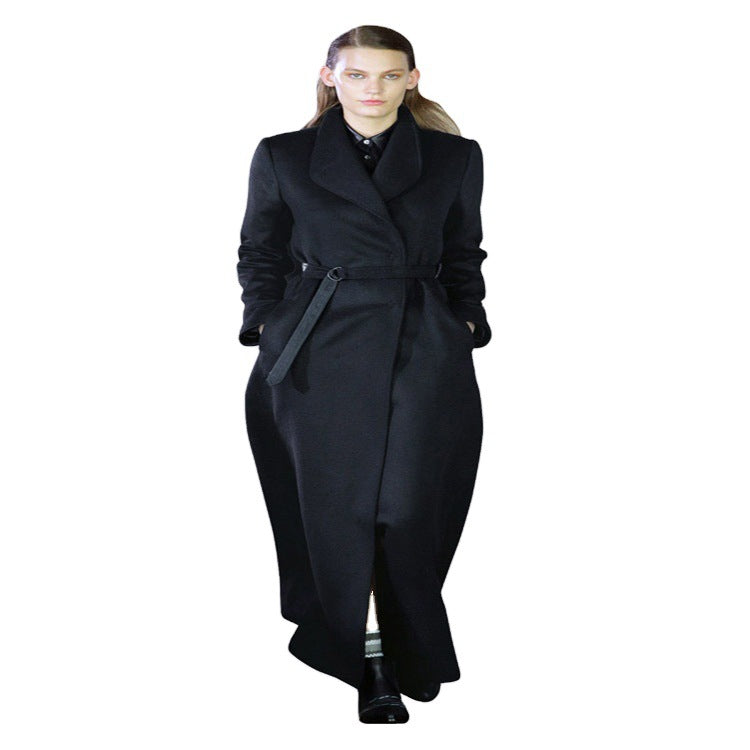 Women’s maxi long tailored wrap long coat with shawl collar and fine tie belt Chichicherry