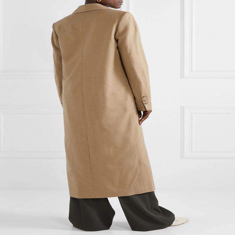 Women's Maxi-length Minimalist Single-breasted Wool Blend Long Coat with Open Shawl Collar Chichicherry