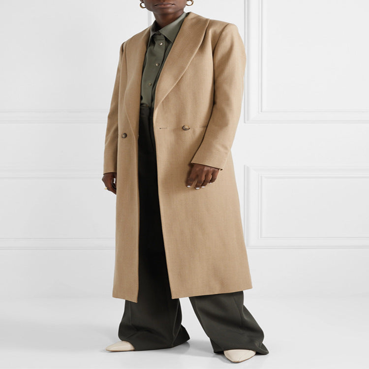 Women's Maxi-length Minimalist Single-breasted Wool Blend Long Coat with Open Shawl Collar Chichicherry