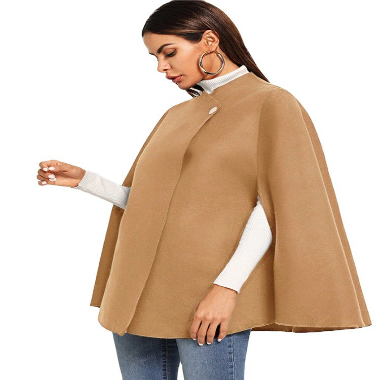 Women's short cape coat in coat style with stand-up collar and concealed button placket Chichicherry