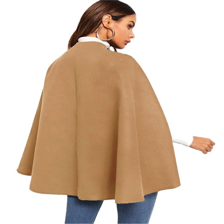 Women's short cape coat in coat style with stand-up collar and concealed button placket Chichicherry
