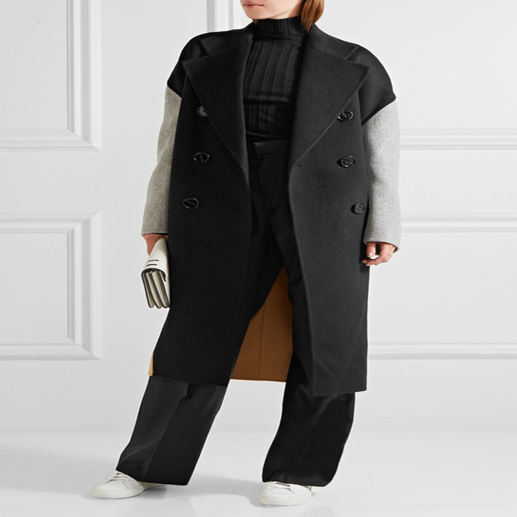 Women's Oversize Double-Breasted Color Block Wool Blend Coat with Contrasting Sleeves Chichicherry