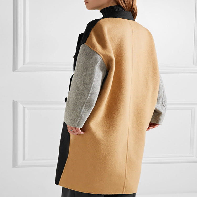 Women's Oversize Double-Breasted Color Block Wool Blend Coat with Contrasting Sleeves Chichicherry