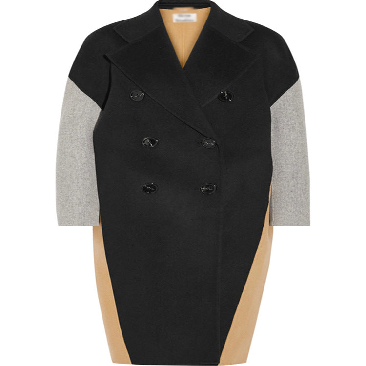 Women's Oversize Double-Breasted Color Block Wool Blend Coat with Contrasting Sleeves Chichicherry