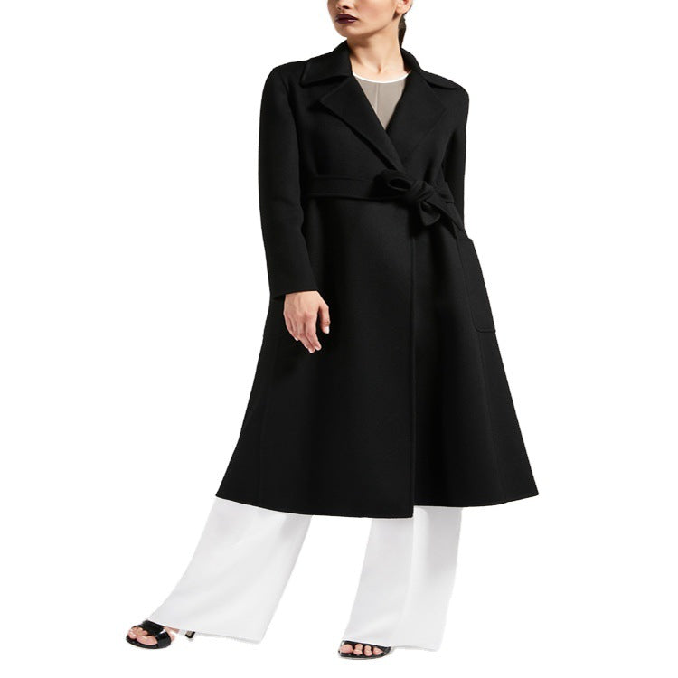 Women's Tailored Wrap Coat made of Wool-Cashmere Blend with A-Line, Belt and Patch Pockets Chichicherry