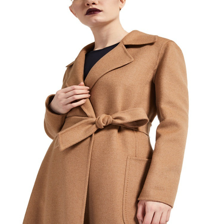 Women's Tailored Wrap Coat made of Wool-Cashmere Blend with A-Line, Belt and Patch Pockets Chichicherry