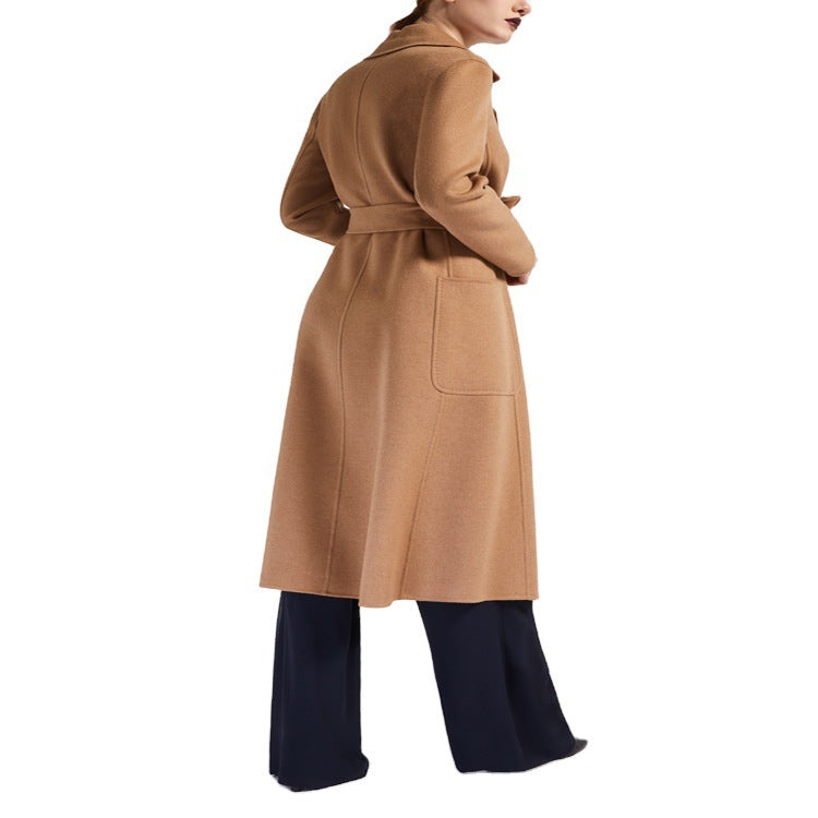 Women's Tailored Wrap Coat made of Wool-Cashmere Blend with A-Line, Belt and Patch Pockets Chichicherry