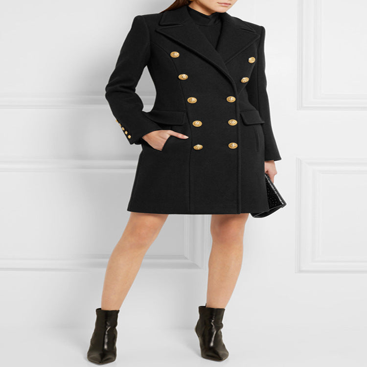 Women’s Wool Blend Long Coat in Marine Tailoring with Contoured Waist and Gold Decorative Round Buttons Chichicherry