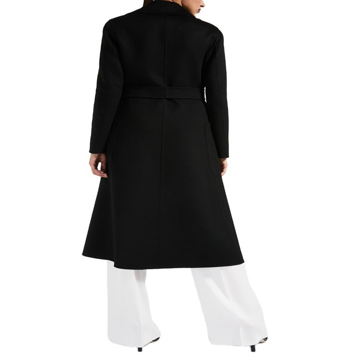 Women's Tailored Wrap Coat made of Wool-Cashmere Blend with A-Line, Belt and Patch Pockets Chichicherry