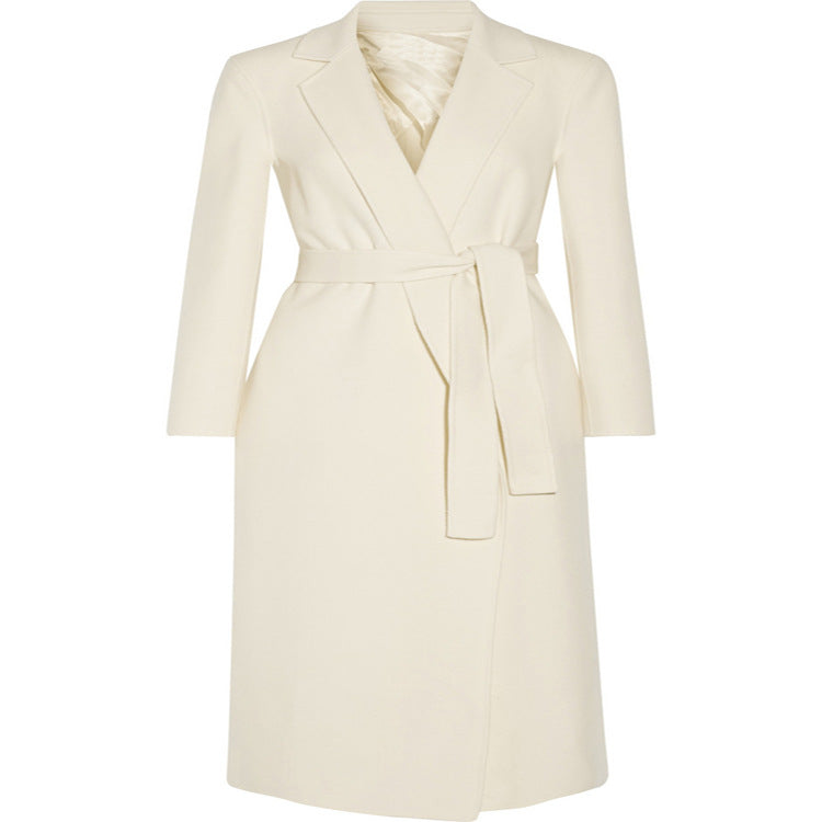 Ladies ankle-length wrap long coat made of wool-cashmere blend with fitted tie belt Chichicherry
