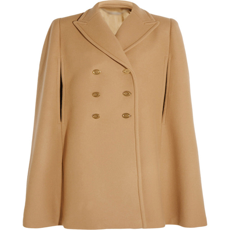 Women's tailored wool blend cape coat with concealed arm openings and double-breasted tailoring Chichicherry