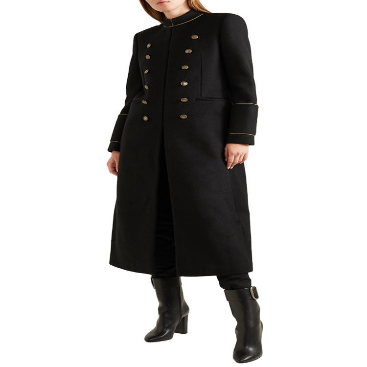 Women’s Longer Military Wool Coat with Gold Decorative Buttons and Stand Collar Chichicherry
