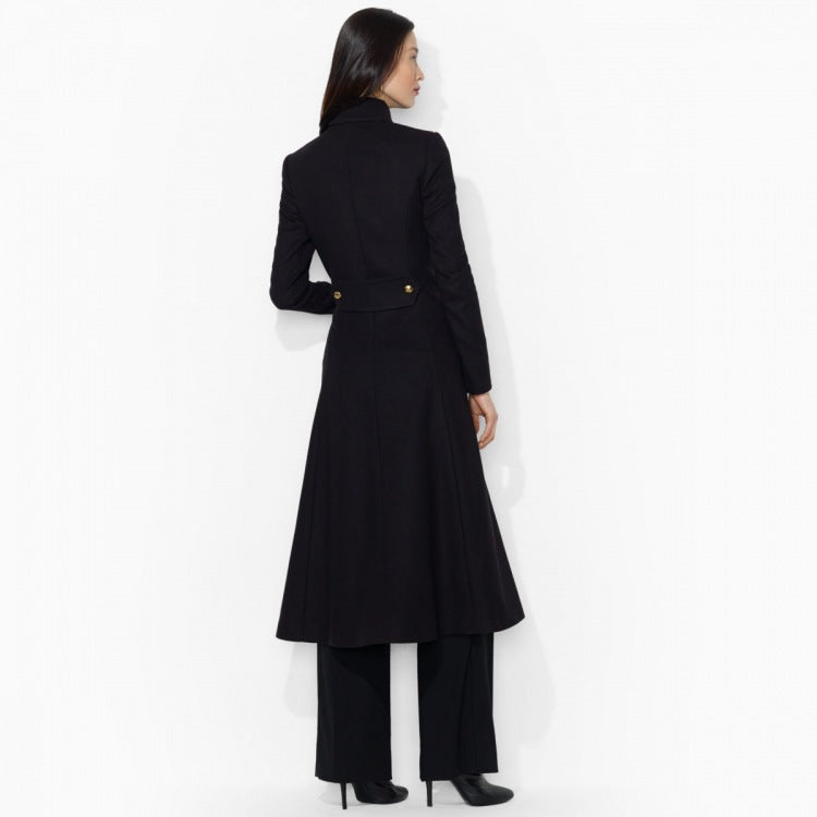 Women's figure-hugging maxi-long coat in flared A-line tailoring with golden decorative buttons Chichicherry