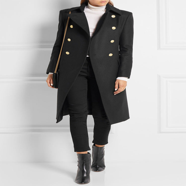 Women Asymmetrical Midi-Length Wool Blend Coat with Double-Breasted Button Placket and Golden Decorative Buttons Chichicherry