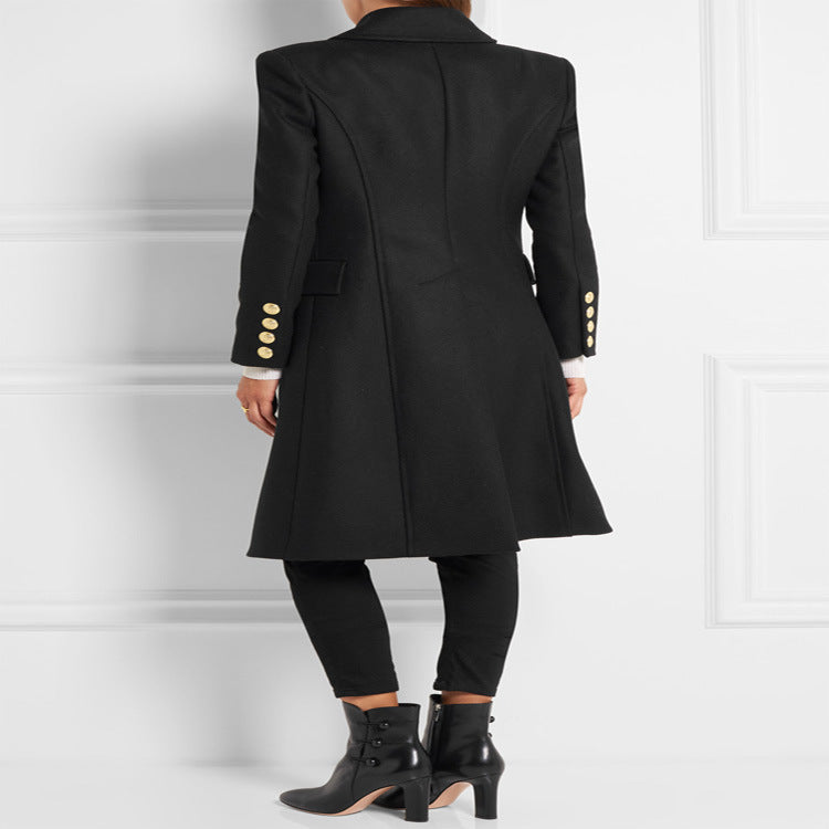 Women Asymmetrical Midi-Length Wool Blend Coat with Double-Breasted Button Placket and Golden Decorative Buttons Chichicherry