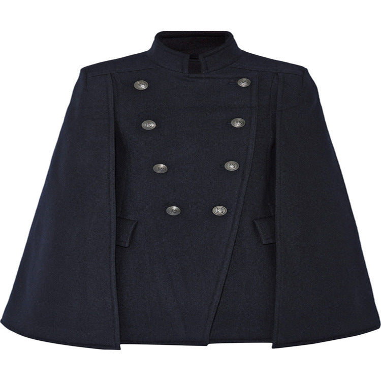 Women's Short Cape Coat in Military Style with Double Breasted and Stand Collar Chichicherry