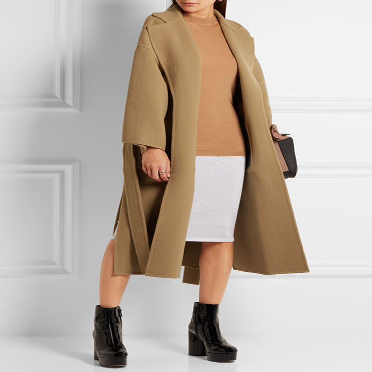Women's Tailored Wool Blend Wrap Coat with Kimono-Style Sleeves and Tie Belt Chichicherry