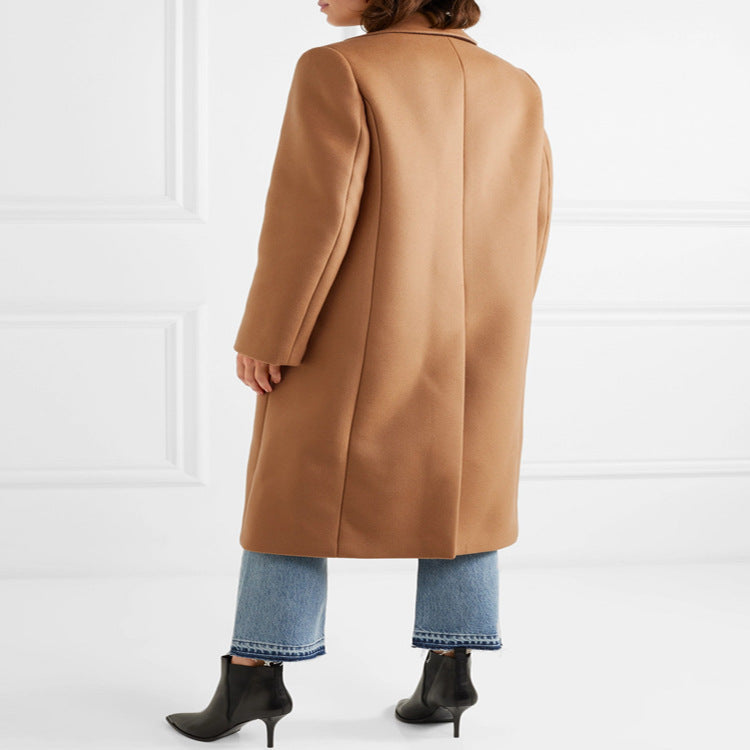 Women's Single-breasted Wool Mix Long Coat with Sharp Tailoring and Patch Pockets Chichicherry
