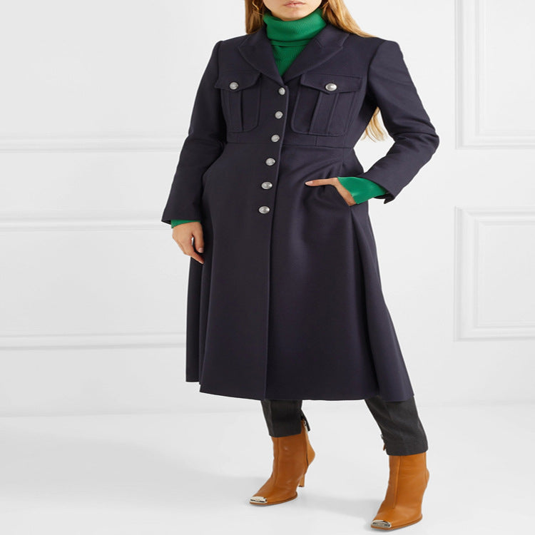 Women's military long coat made of wool blend with distinctive button placket and flapped pockets Chichicherry