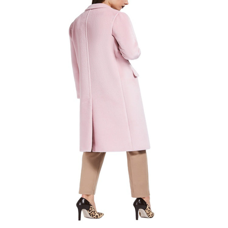 Women's Mid-Length Teddy-Wool Blend Coat with Double Breasted, Patch Pockets and Soft Falling Lapel Chichicherry