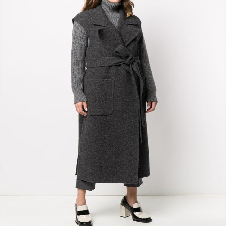 Women Maxi Long Sleeveless Wool Blend Coat with Wide Shawl Collar and Tie Belt Chichicherry